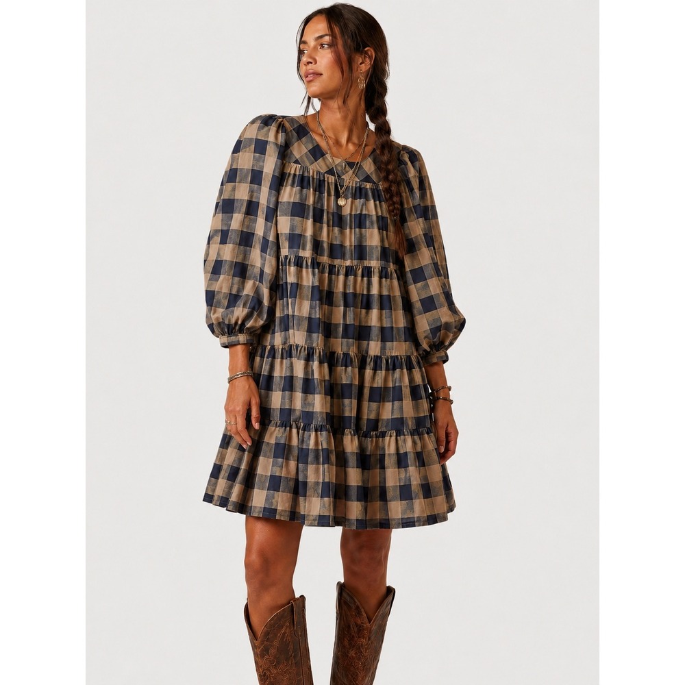 Summersalt Gingham Tiered 100% Cotton Babydoll Mini Dress Puff Sleeve Navy Tan S
